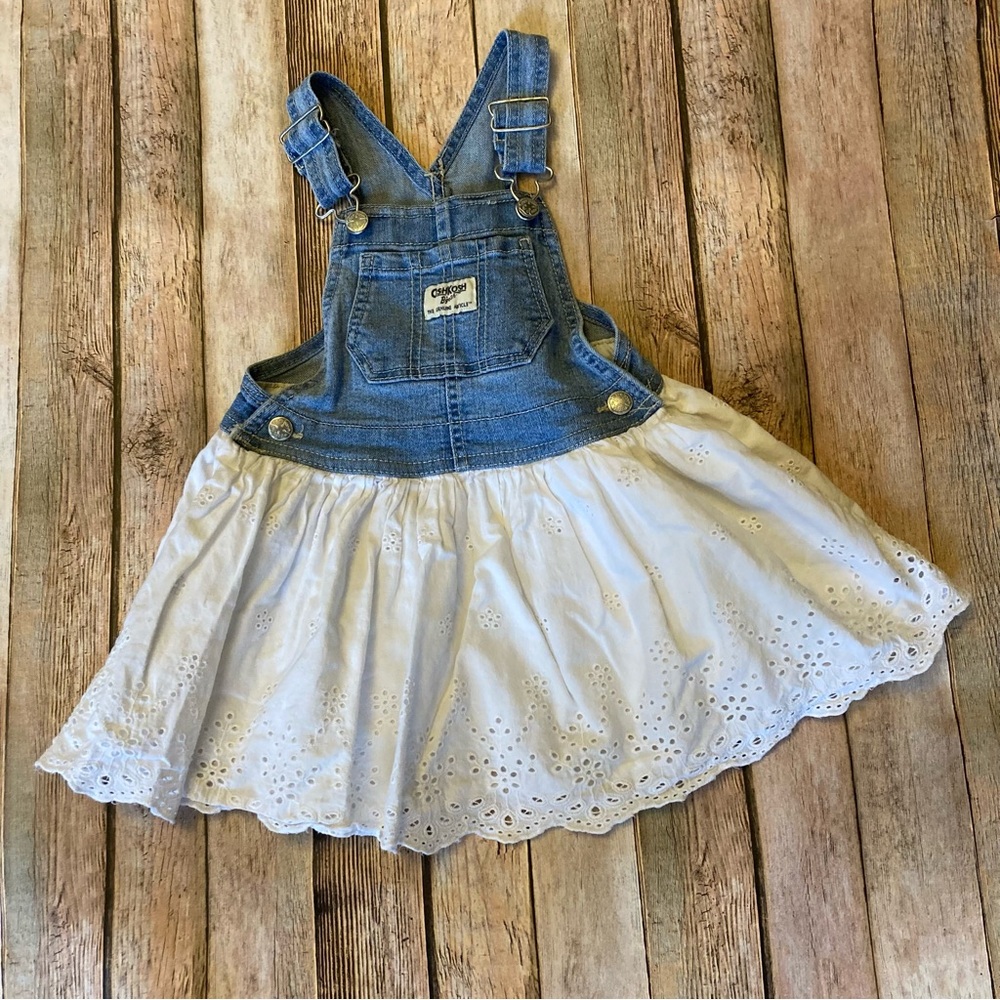 Oshkosh denim overall Dress with white eyelet lined skirt 18-24 months staining